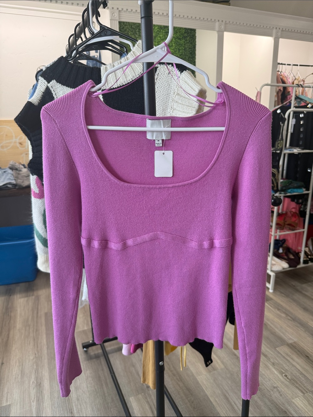 Pink Rose Fuchsia Scoop Neck Long Sleeve Sweater